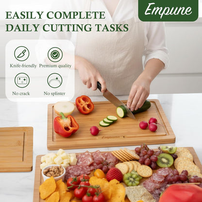 Bamboo Cutting Boards for Kitchen, 3 Piece Extra Thick Cutting Board Set with Juice Groove, Deep Carbonized Bamboo Chopping Board, Reversible Wood Cutting Board for charcuterie boards, Brown
