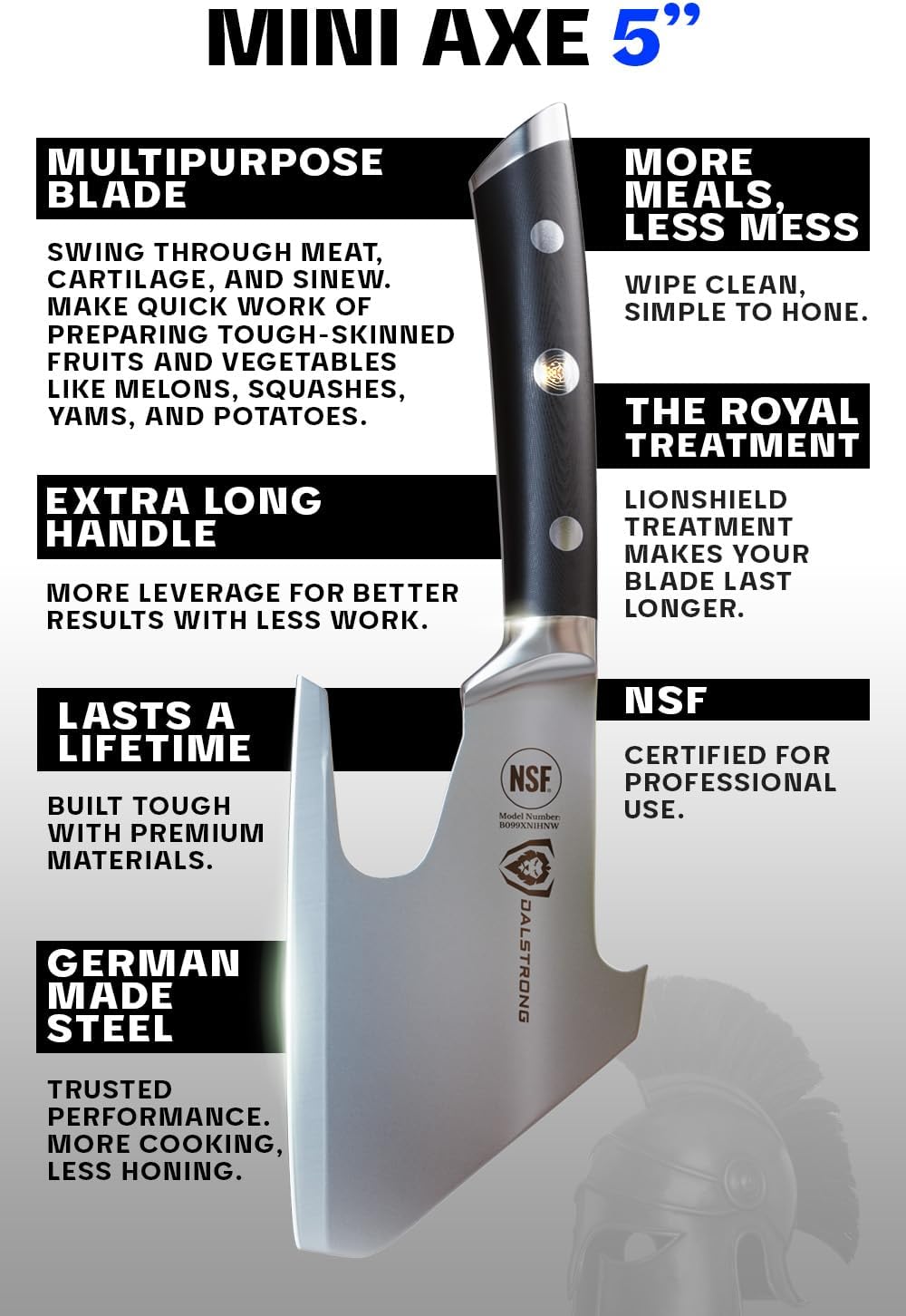 Meat Cleaver Knife Axe - 5"- Gladiator Series- High Carbon Steel-Black Handle - Heavy Duty Giftable BBQ Hatchet - Razor Sharp Kitchen Knife-Sheath Chef Knife-NSF Certified