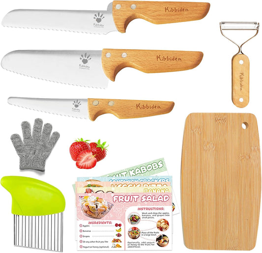 Kids Safe Knife Set for Real Cooking, 11Pcs Kitchen Cutting Set | Kids Cutting Board & Knife Set, BPA-free, Stainless Steel Blade, Wooden Handle, Peeler & Gloves, Child Friendly Chef Knives