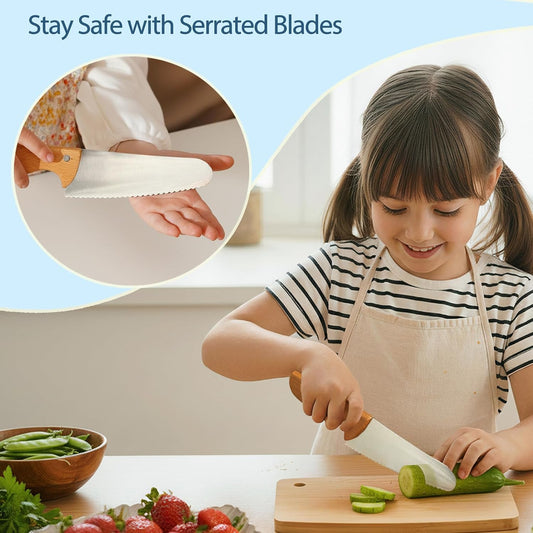 Kids Safe Knife Set for Real Cooking, 11Pcs Kitchen Cutting Set | Kids Cutting Board & Knife Set, BPA-free, Stainless Steel Blade, Wooden Handle, Peeler & Gloves, Child Friendly Chef Knives
