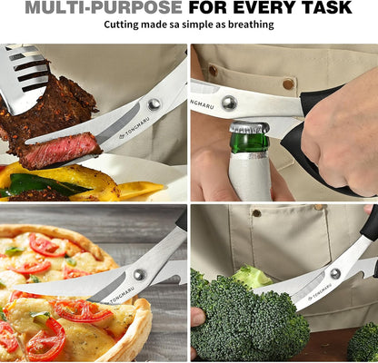 Heavy Duty BBQ Shears, Super Sharp All Purpose Kitchen Poultry Shears, Korean Barbeque Scissors with Anti-slip Handle, Serrated Blades with Bottle Opener function