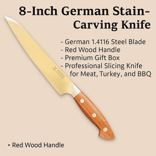 8-Inch German Stainless Carving Knife – German 1.4116 Steel Blade, Red Wood Handle, Premium Gift Box – Professional Slicing Knife for Meat, Turkey, and BBQ