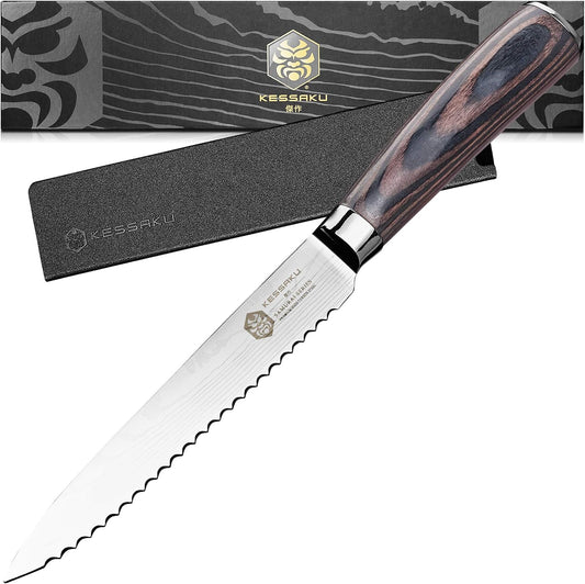 Serrated Utility Knife - 5.5 inch - Samurai Series - Razor Sharp Kitchen Knife - Forged 7Cr17MoV High Carbon Stainless Steel - Wood Handle with Blade Guard