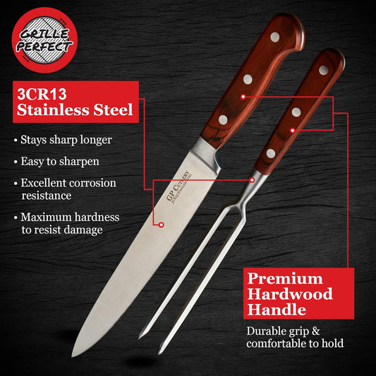 Meat Carving Knife Set with Fork, Kitchen Tool for Turkey, Ham, Pork, Full Tang Stainless Steel, Hardwood Handle and Gift Storage Box