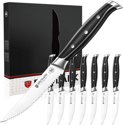 Steak Knives Set of 6: 4.5 Inch Serrated Steak Knives with Full Tang Handle - High Carbon Stainless Steel Steak Knife Set - NSF Certified, Steel-King Series