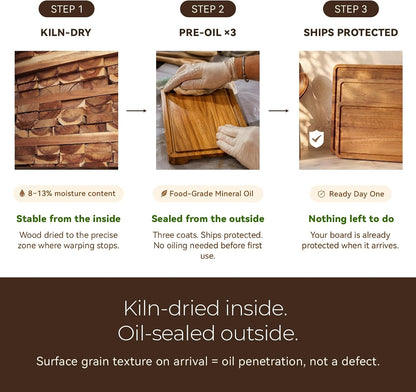 Acacia Wood Cutting Board Set of 3 for Kitchen — Non-Toxic, Kiln-Dried & Pre-Oiled 3x | Warp-Resistant Solid Acacia with Juice Groove, Handles & Anti-Slip Feets | Large Medium Small