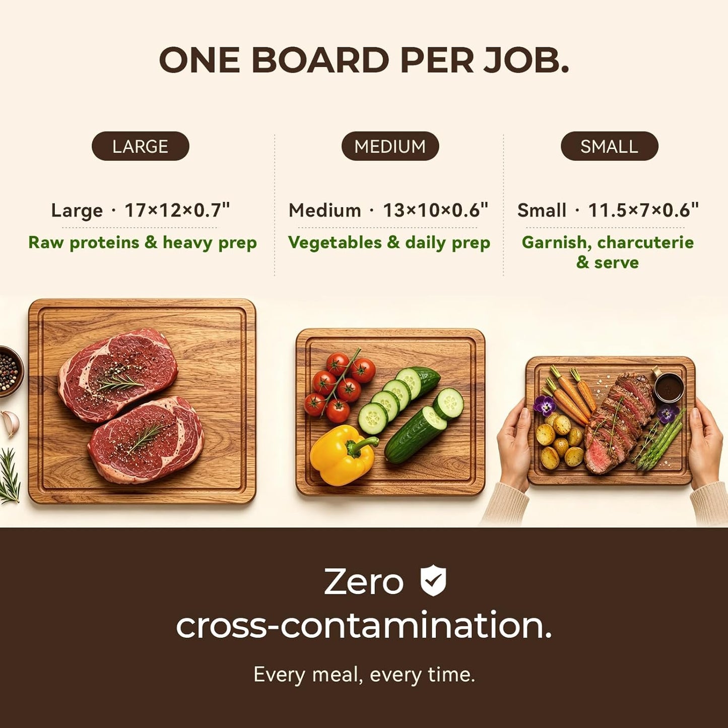 Acacia Wood Cutting Board Set of 3 for Kitchen — Non-Toxic, Kiln-Dried & Pre-Oiled 3x | Warp-Resistant Solid Acacia with Juice Groove, Handles & Anti-Slip Feets | Large Medium Small