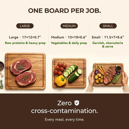Acacia Wood Cutting Board Set of 3 for Kitchen — Non-Toxic, Kiln-Dried & Pre-Oiled 3x | Warp-Resistant Solid Acacia with Juice Groove, Handles & Anti-Slip Feets | Large Medium Small