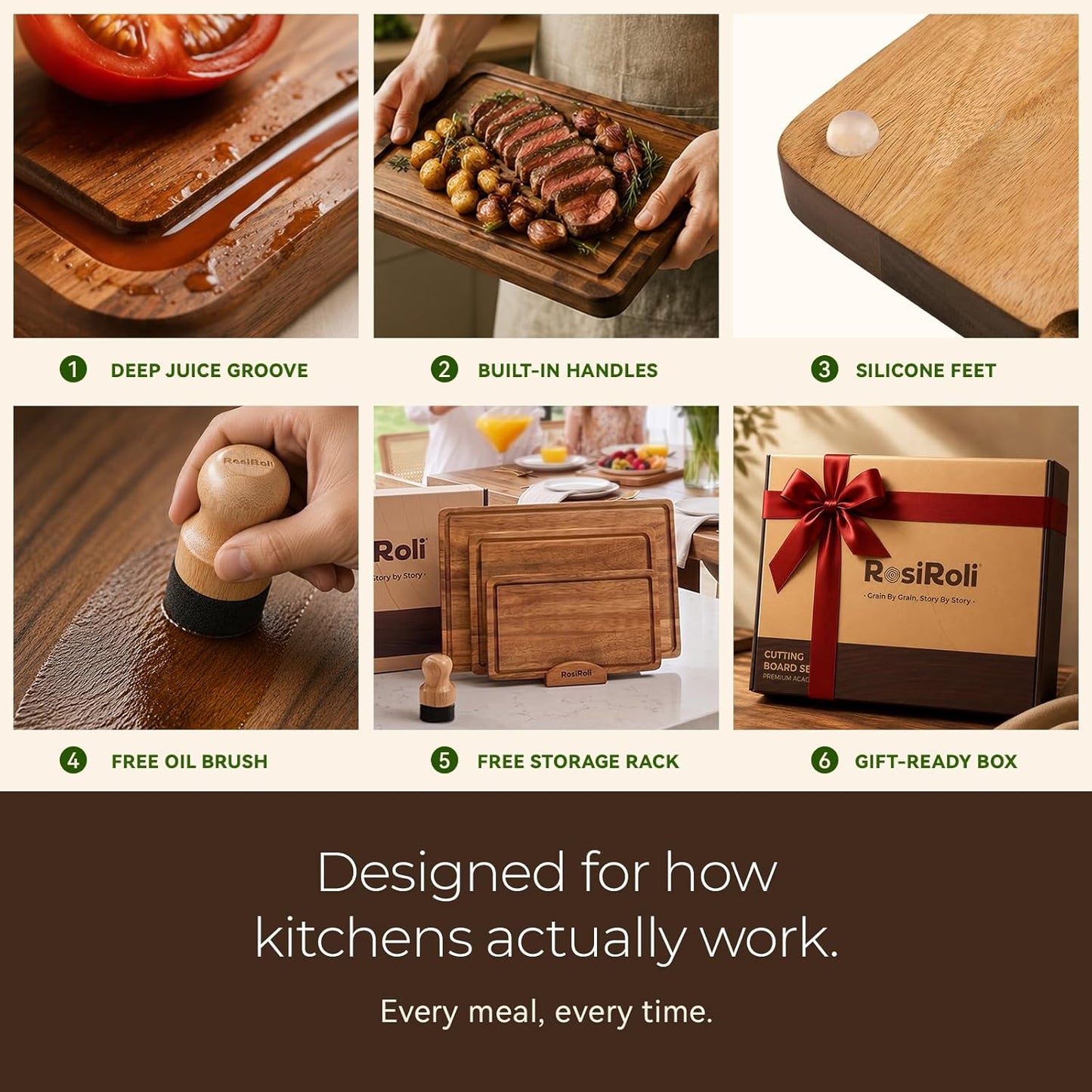 Acacia Wood Cutting Board Set of 3 for Kitchen — Non-Toxic, Kiln-Dried & Pre-Oiled 3x | Warp-Resistant Solid Acacia with Juice Groove, Handles & Anti-Slip Feets | Large Medium Small