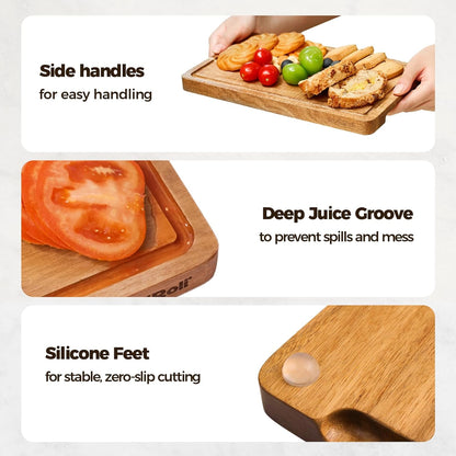 Acacia Wood Cutting Board Set of 3 for Kitchen — Non-Toxic, Kiln-Dried & Pre-Oiled 3x | Warp-Resistant Solid Acacia with Juice Groove, Handles & Anti-Slip Feets | Large Medium Small