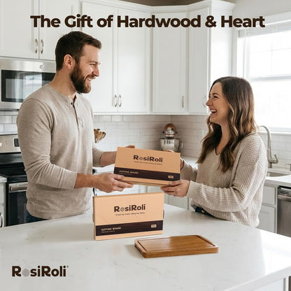 Acacia Wood Cutting Board Set of 3 for Kitchen — Non-Toxic, Kiln-Dried & Pre-Oiled 3x | Warp-Resistant Solid Acacia with Juice Groove, Handles & Anti-Slip Feets | Large Medium Small