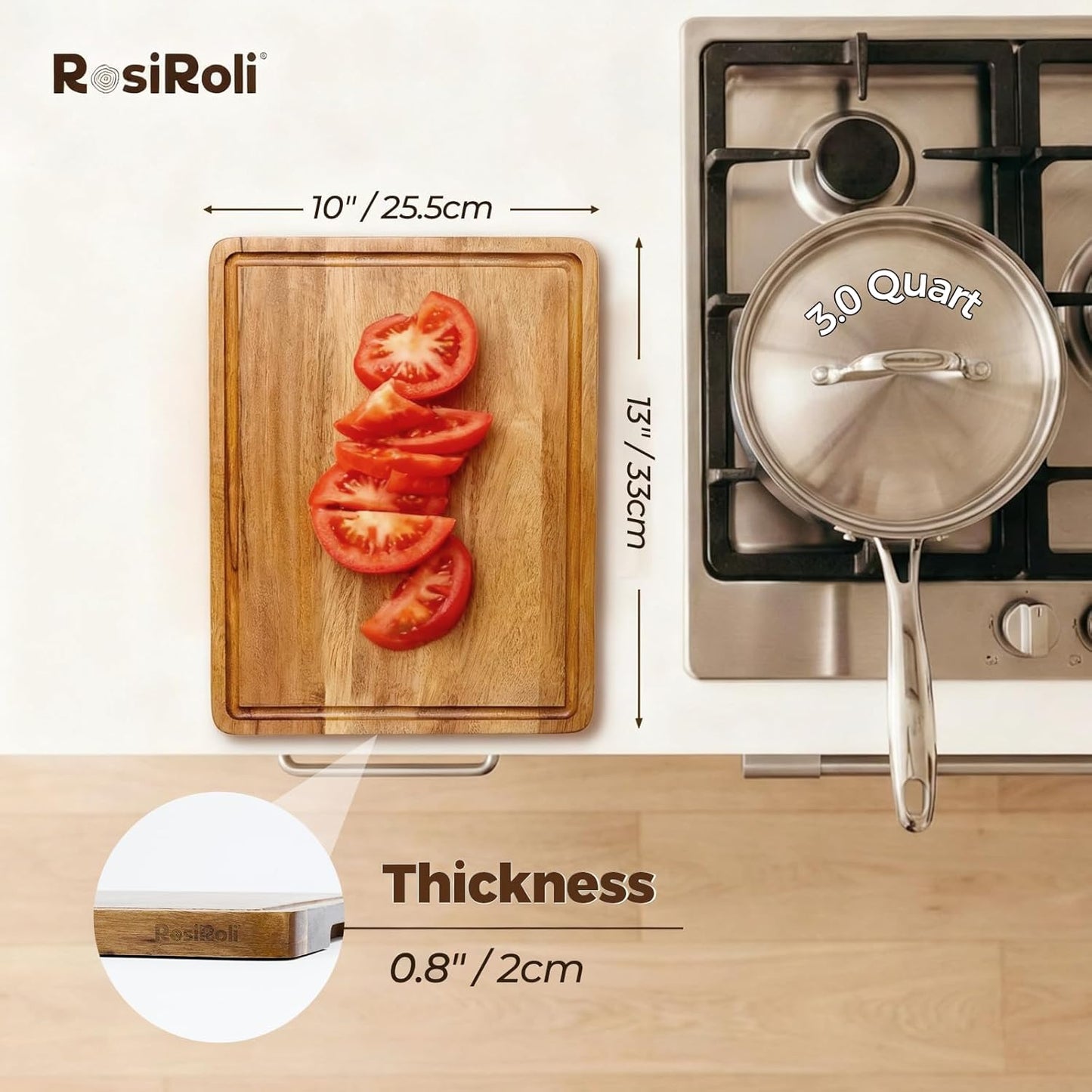 Acacia Wood Cutting Board Set of 3 for Kitchen — Non-Toxic, Kiln-Dried & Pre-Oiled 3x | Warp-Resistant Solid Acacia with Juice Groove, Handles & Anti-Slip Feets | Large Medium Small