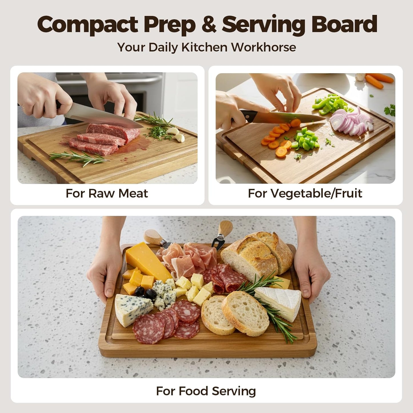 Acacia Wood Cutting Board Set of 3 for Kitchen — Non-Toxic, Kiln-Dried & Pre-Oiled 3x | Warp-Resistant Solid Acacia with Juice Groove, Handles & Anti-Slip Feets | Large Medium Small