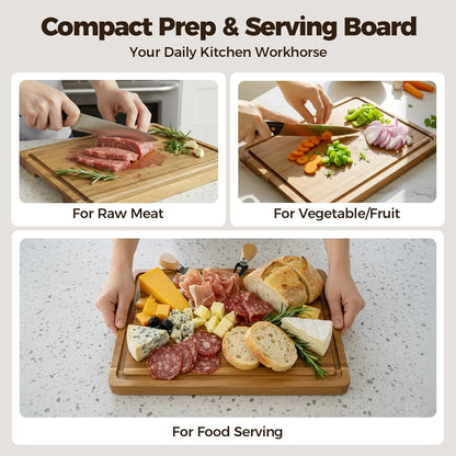 Acacia Wood Cutting Board Set of 3 for Kitchen — Non-Toxic, Kiln-Dried & Pre-Oiled 3x | Warp-Resistant Solid Acacia with Juice Groove, Handles & Anti-Slip Feets | Large Medium Small