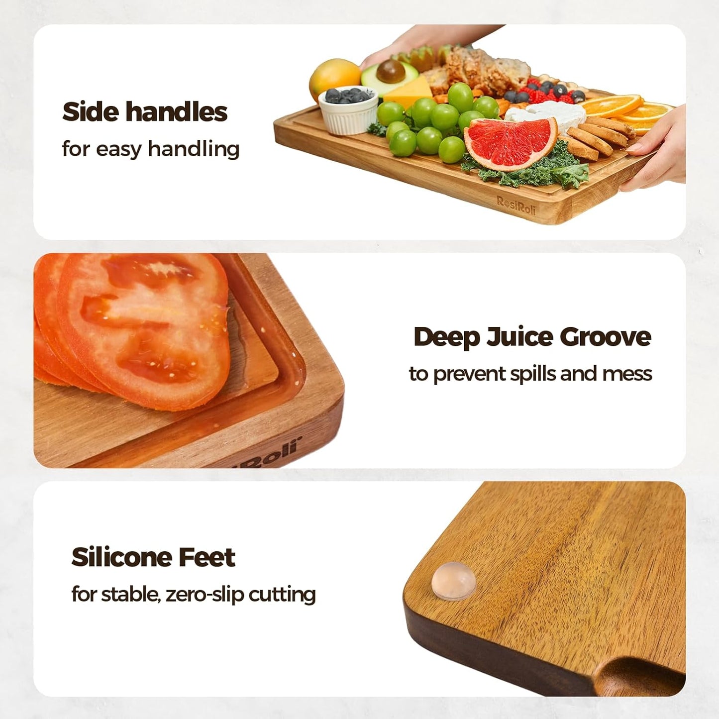 Acacia Wood Cutting Board Set of 3 for Kitchen — Non-Toxic, Kiln-Dried & Pre-Oiled 3x | Warp-Resistant Solid Acacia with Juice Groove, Handles & Anti-Slip Feets | Large Medium Small