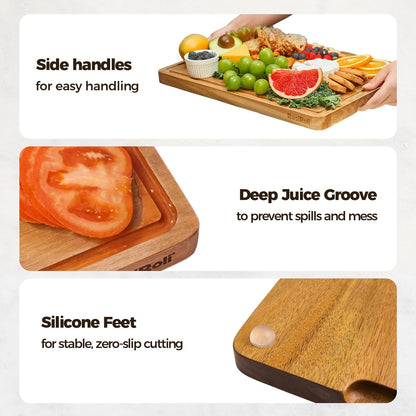 Acacia Wood Cutting Board Set of 3 for Kitchen — Non-Toxic, Kiln-Dried & Pre-Oiled 3x | Warp-Resistant Solid Acacia with Juice Groove, Handles & Anti-Slip Feets | Large Medium Small