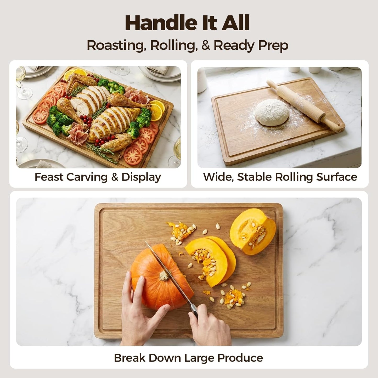Acacia Wood Cutting Board Set of 3 for Kitchen — Non-Toxic, Kiln-Dried & Pre-Oiled 3x | Warp-Resistant Solid Acacia with Juice Groove, Handles & Anti-Slip Feets | Large Medium Small