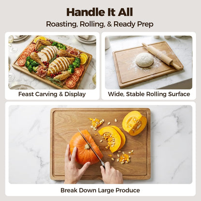 Acacia Wood Cutting Board Set of 3 for Kitchen — Non-Toxic, Kiln-Dried & Pre-Oiled 3x | Warp-Resistant Solid Acacia with Juice Groove, Handles & Anti-Slip Feets | Large Medium Small