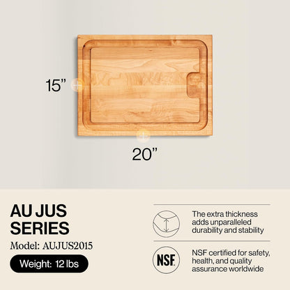 Block Au Jus Maple Cutting/Carving Board with Hand Grips and Sloping Juice Groove, 20 Inches x 15 Inches x 1.5 Inches