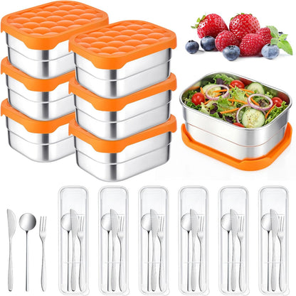 36 Pcs Stainless Steel Containers with Silicone Lids 14 oz Reusable Food Snack Containers Easy Open Lunch Box Include Chopsticks Knife Fork Spoon with Case for Travel Meal Prep Food Storage