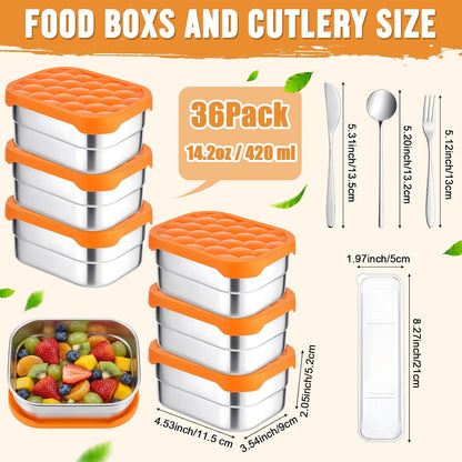 36 Pcs Stainless Steel Containers with Silicone Lids 14 oz Reusable Food Snack Containers Easy Open Lunch Box Include Chopsticks Knife Fork Spoon with Case for Travel Meal Prep Food Storage