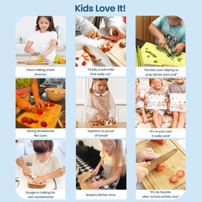 Kids Safe Knife set for Real Cooking, 11-Piece Kids Cutting Board & Kitchen Knife Set, BPA-free, Stainless Steel Blade, Wooden Handle, Peeler & Gloves, Serrated Child Friendly Chef Knives.