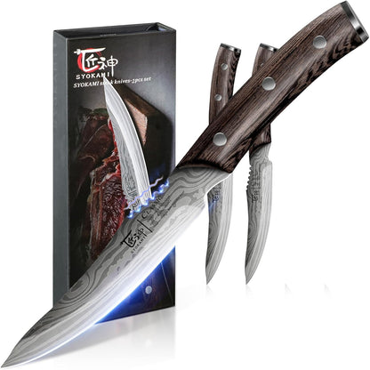 Steak Knives Set of 8, 4.8 Inch Dinner knives with Wooden Handle | Carbon Steel, Japanese Style, Non Serrated, Damascus Pattern Full Tang, Housewarming Holiday Cooking Gifts