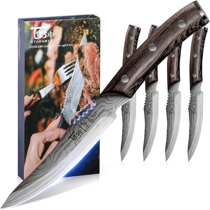 Steak Knives Set of 8, 4.8 Inch Dinner knives with Wooden Handle | Carbon Steel, Japanese Style, Non Serrated, Damascus Pattern Full Tang, Housewarming Holiday Cooking Gifts