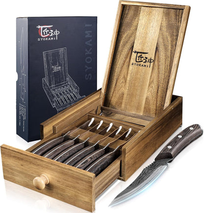 Steak Knives Set of 8, 4.8 Inch Dinner knives with Wooden Handle | Carbon Steel, Japanese Style, Non Serrated, Damascus Pattern Full Tang, Housewarming Holiday Cooking Gifts