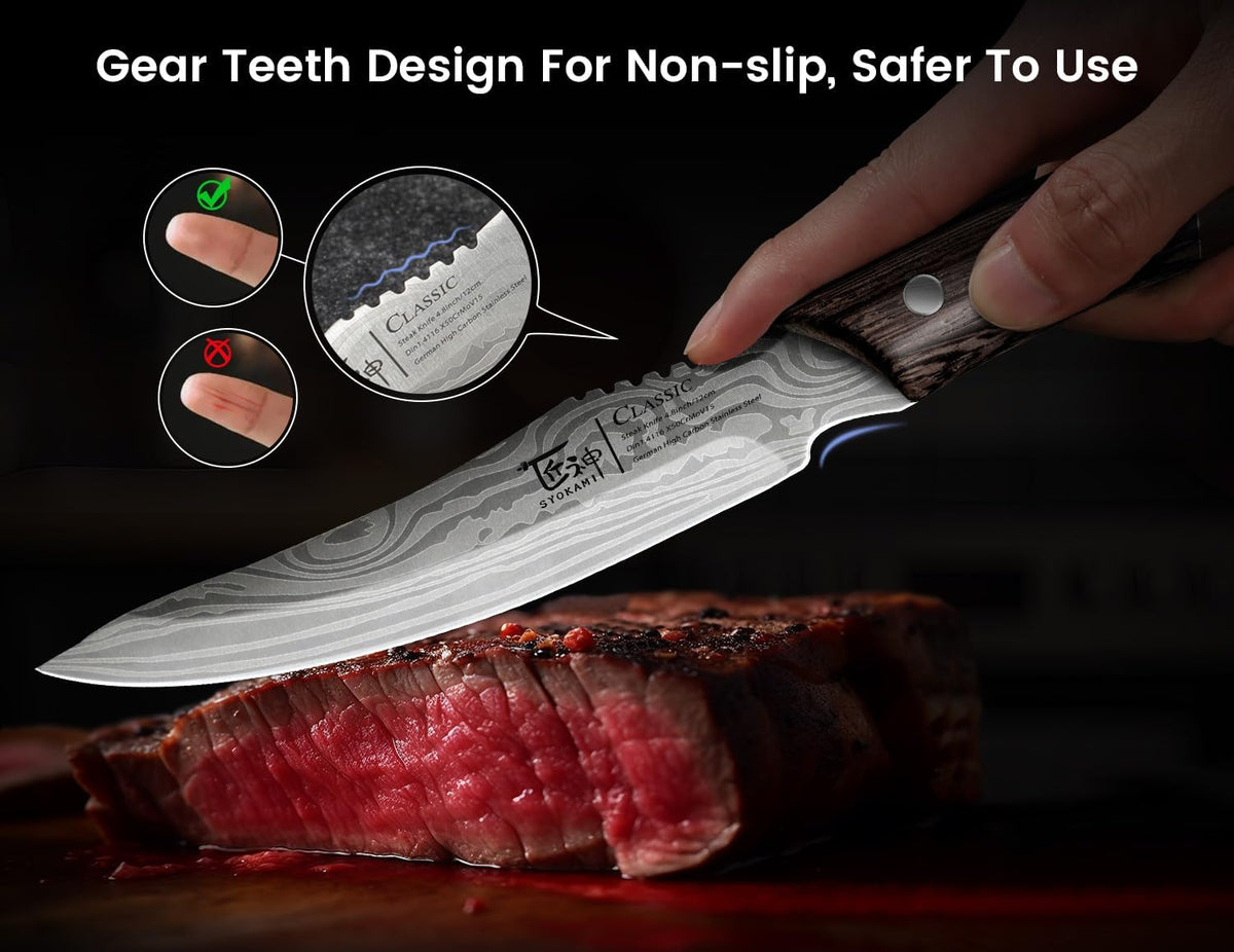 Steak Knives Set of 8, 4.8 Inch Dinner knives with Wooden Handle | Carbon Steel, Japanese Style, Non Serrated, Damascus Pattern Full Tang, Housewarming Holiday Cooking Gifts