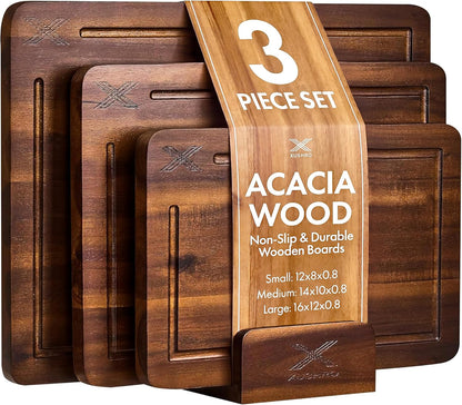 Acacia Wood Cutting Board Set of 3 with Stand - Thick Wooden Chopping Boards with Deep Juice Grooves - Non-Slip & Durable Wooden Boards for Meat & Vegetables (16x12, 14x10, 12x8) - Walnut