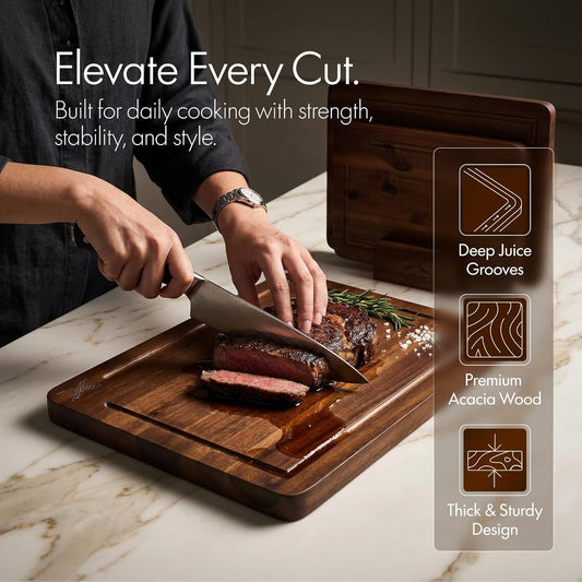 Acacia Wood Cutting Board Set of 3 with Stand - Thick Wooden Chopping Boards with Deep Juice Grooves - Non-Slip & Durable Wooden Boards for Meat & Vegetables (16x12, 14x10, 12x8) - Walnut