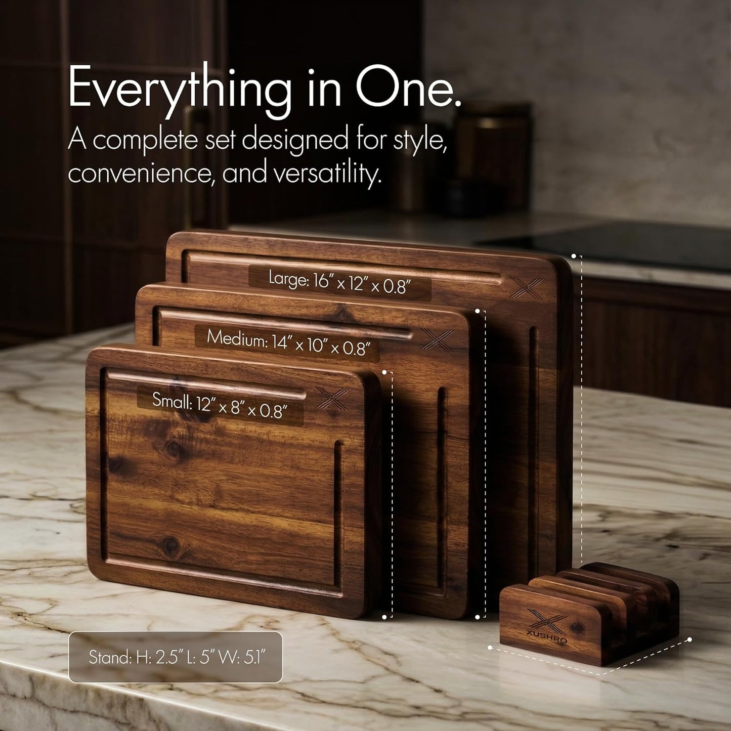 Acacia Wood Cutting Board Set of 3 with Stand - Thick Wooden Chopping Boards with Deep Juice Grooves - Non-Slip & Durable Wooden Boards for Meat & Vegetables (16x12, 14x10, 12x8) - Walnut