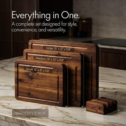 Acacia Wood Cutting Board Set of 3 with Stand - Thick Wooden Chopping Boards with Deep Juice Grooves - Non-Slip & Durable Wooden Boards for Meat & Vegetables (16x12, 14x10, 12x8) - Walnut