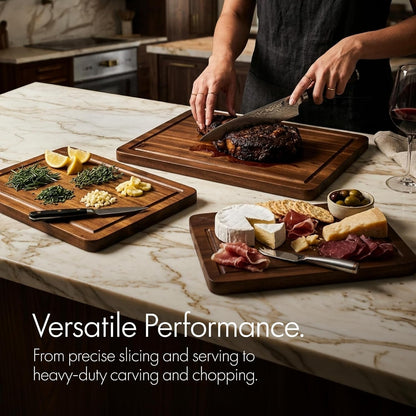 Acacia Wood Cutting Board Set of 3 with Stand - Thick Wooden Chopping Boards with Deep Juice Grooves - Non-Slip & Durable Wooden Boards for Meat & Vegetables (16x12, 14x10, 12x8) - Walnut