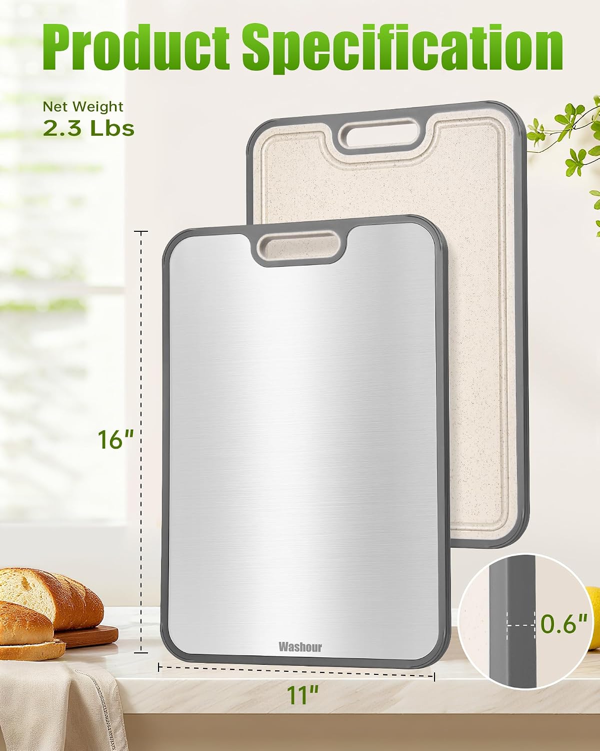 Titanium Cutting Boards for Kitchen, Non Toxic 2-in-1 Cutting Board Double Sided, Food Grade Chopping Boards for Fresh Meat Vegetable, Easy to Clean Large Size 16”×11”