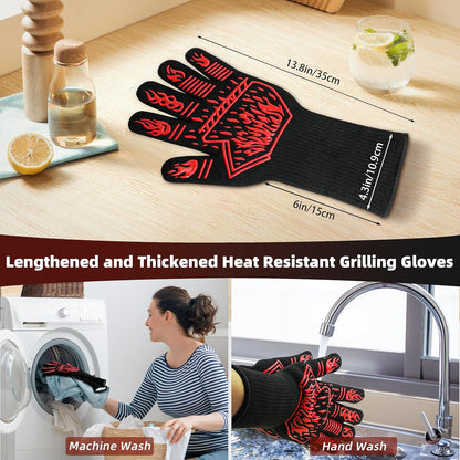 BBQ Gloves, 1472°F Heat-Resistant and Anti Slip Long Grilling Gloves, One Size Fits All, Gift Two Hooks, Excellent Hand and Wrist Protection in The Kitchen/Fireplace/Griddle/Smoker/Fire Pit