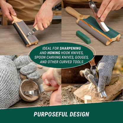 LS5P1 Wood Carving Strop Wood Carving Gouge Hook Knife Sharpening Honing Tools Strop Stropping Kit Leather Paddle Strop Spoon Carving Tools Sharpening Kit Sharpener with Polishing Compound