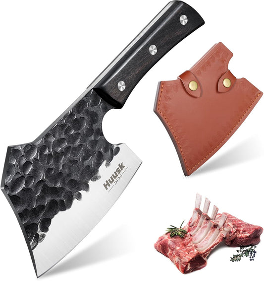 Huusk Meat Cleaver Knife Heavy Duty Bone Chopper, Hand Forged Kitchen Axe | Sheath Included, Full Tang Bone Chopping Knife, Japanese Butcher Knife for Meat Cutting, Fathers Day Gift Idea for Men Dad