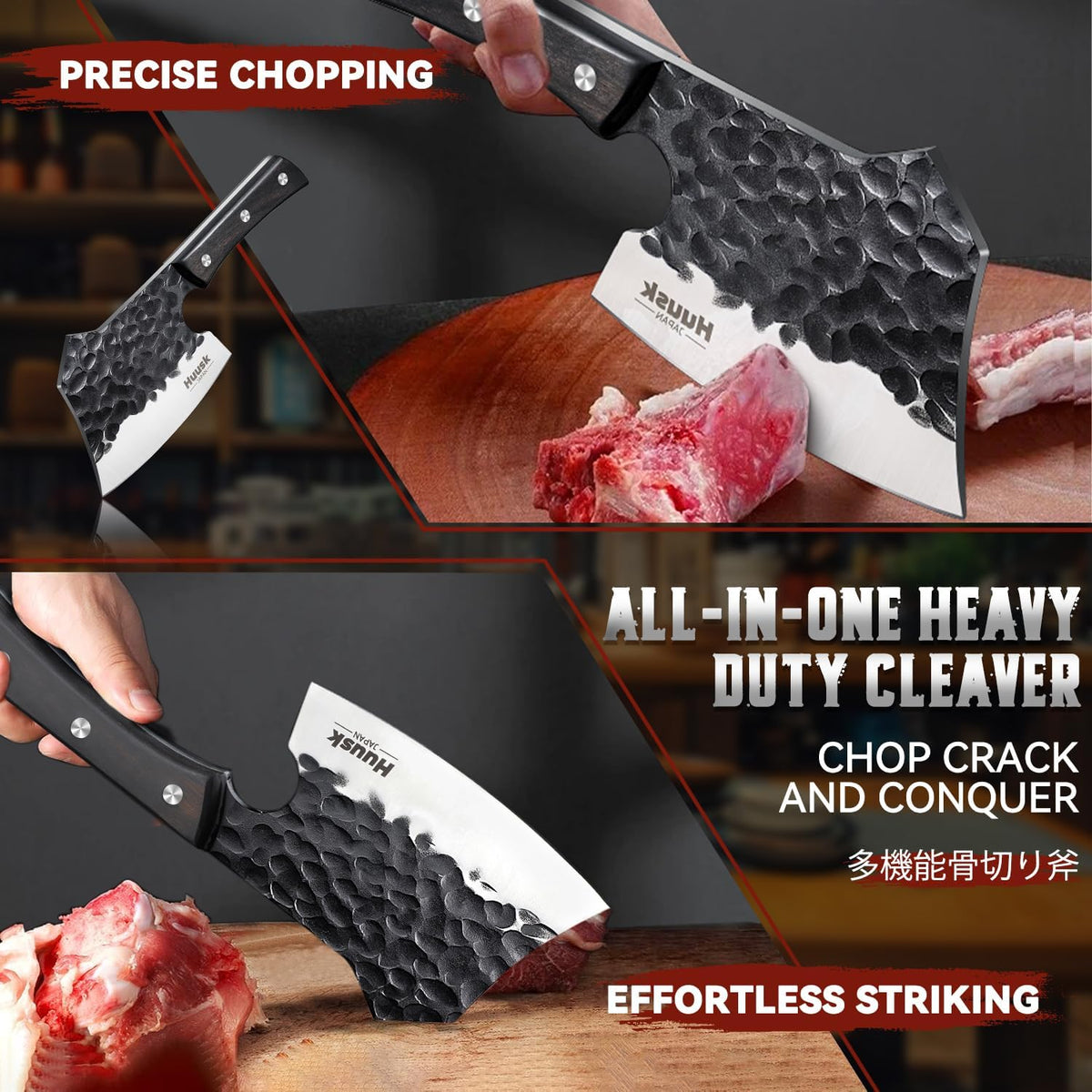 Huusk Meat Cleaver Knife Heavy Duty Bone Chopper, Hand Forged Kitchen Axe | Sheath Included, Full Tang Bone Chopping Knife, Japanese Butcher Knife for Meat Cutting, Fathers Day Gift Idea for Men Dad