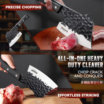 Huusk Meat Cleaver Knife Heavy Duty Bone Chopper, Hand Forged Kitchen Axe | Sheath Included, Full Tang Bone Chopping Knife, Japanese Butcher Knife for Meat Cutting, Fathers Day Gift Idea for Men Dad