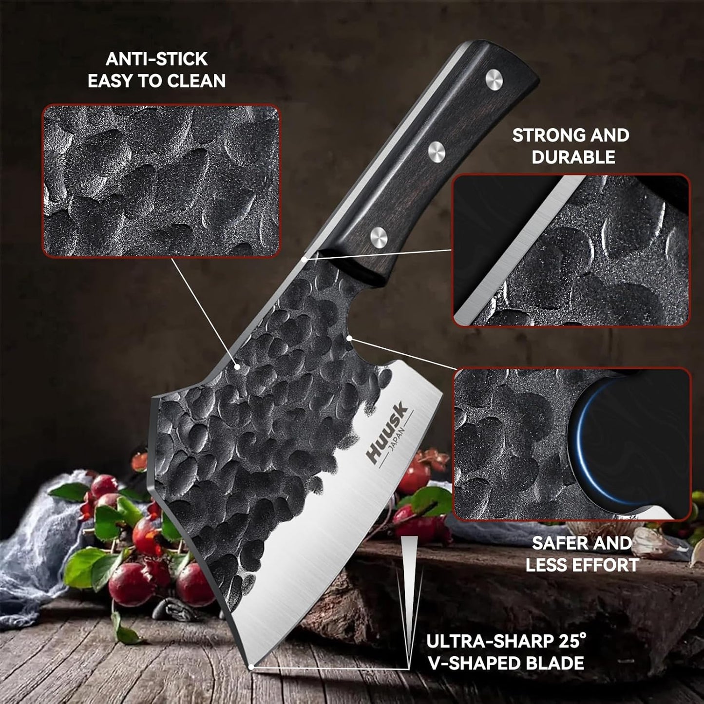 Huusk Meat Cleaver Knife Heavy Duty Bone Chopper, Hand Forged Kitchen Axe | Sheath Included, Full Tang Bone Chopping Knife, Japanese Butcher Knife for Meat Cutting, Fathers Day Gift Idea for Men Dad