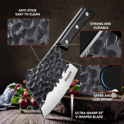 Huusk Meat Cleaver Knife Heavy Duty Bone Chopper, Hand Forged Kitchen Axe | Sheath Included, Full Tang Bone Chopping Knife, Japanese Butcher Knife for Meat Cutting, Fathers Day Gift Idea for Men Dad