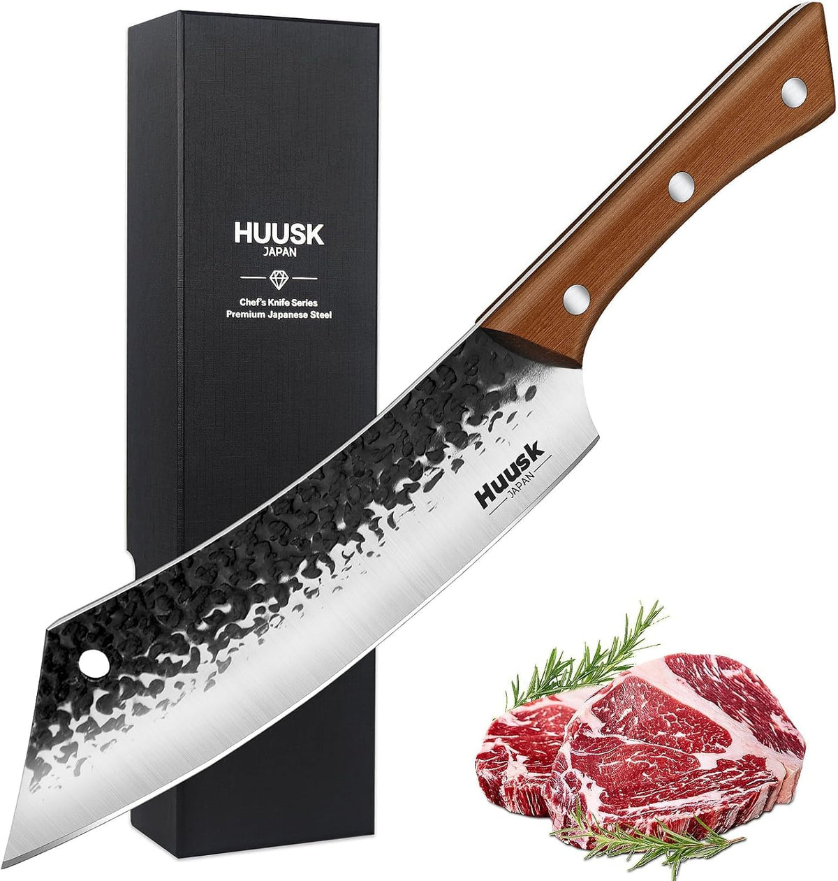 Huusk Meat Cleaver Knife Heavy Duty Bone Chopper, Hand Forged Kitchen Axe | Sheath Included, Full Tang Bone Chopping Knife, Japanese Butcher Knife for Meat Cutting, Fathers Day Gift Idea for Men Dad