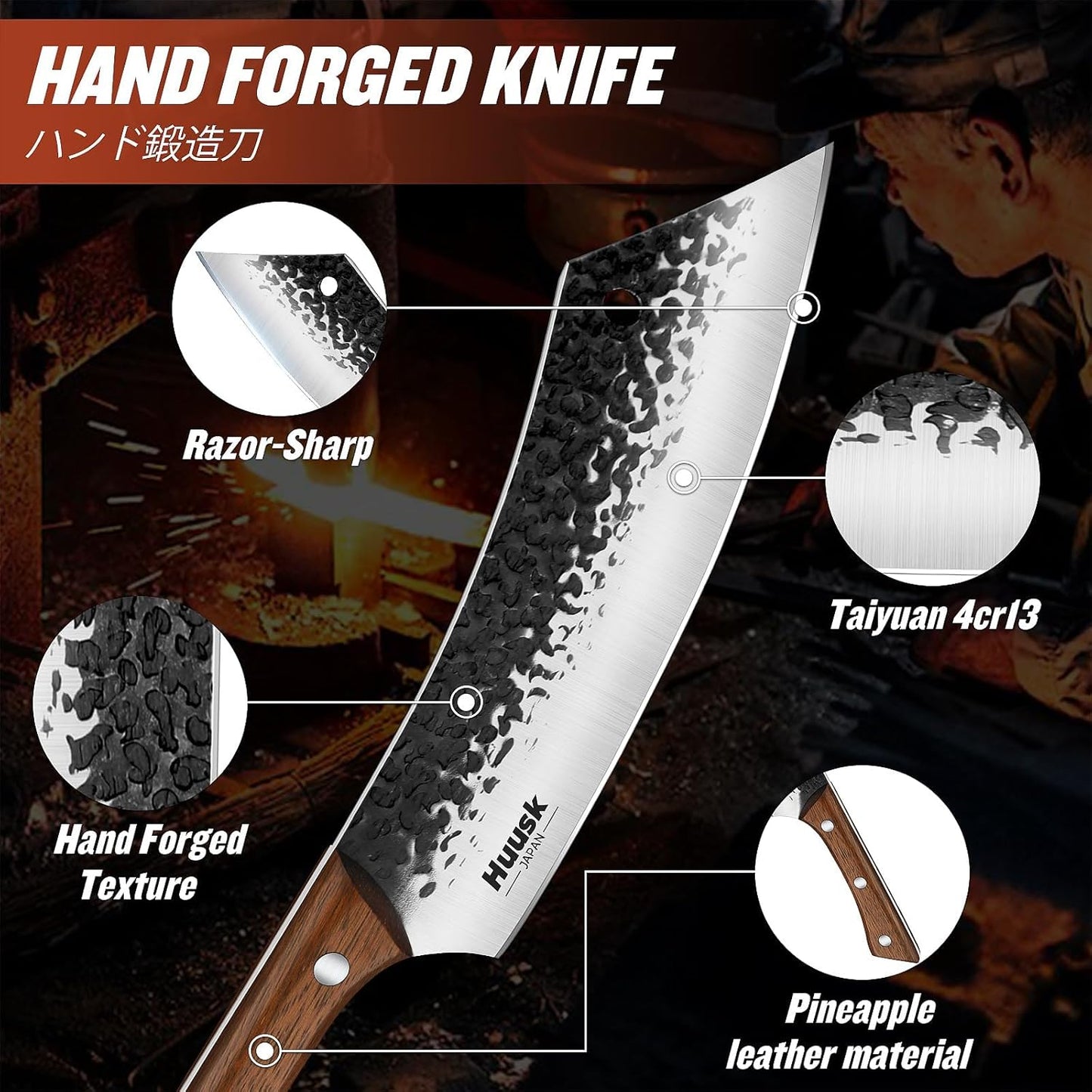 Huusk Meat Cleaver Knife Heavy Duty Bone Chopper, Hand Forged Kitchen Axe | Sheath Included, Full Tang Bone Chopping Knife, Japanese Butcher Knife for Meat Cutting, Fathers Day Gift Idea for Men Dad