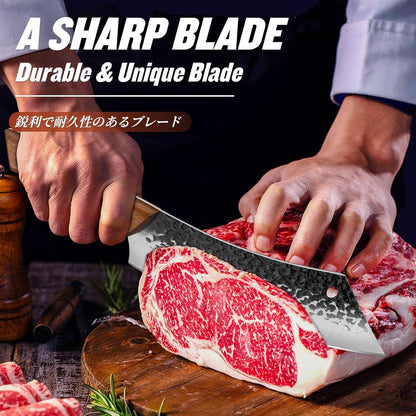 Huusk Meat Cleaver Knife Heavy Duty Bone Chopper, Hand Forged Kitchen Axe | Sheath Included, Full Tang Bone Chopping Knife, Japanese Butcher Knife for Meat Cutting, Fathers Day Gift Idea for Men Dad