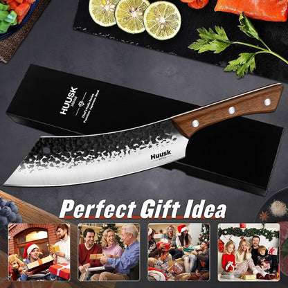 Huusk Meat Cleaver Knife Heavy Duty Bone Chopper, Hand Forged Kitchen Axe | Sheath Included, Full Tang Bone Chopping Knife, Japanese Butcher Knife for Meat Cutting, Fathers Day Gift Idea for Men Dad
