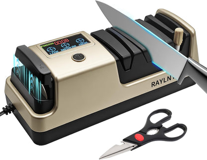 Professional 5-in-1 Electric Knife Sharpener with LCD Display,Scissor Sharpener with 3-Speed & 100% Diamond Abrasives - Precision Angle Guides for Straight, Serrated, Cleaver & Kitchen Scissors