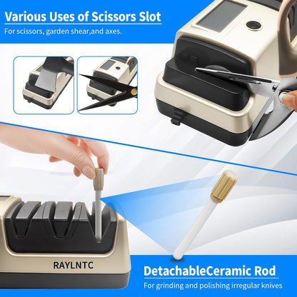 Professional 5-in-1 Electric Knife Sharpener with LCD Display,Scissor Sharpener with 3-Speed & 100% Diamond Abrasives - Precision Angle Guides for Straight, Serrated, Cleaver & Kitchen Scissors