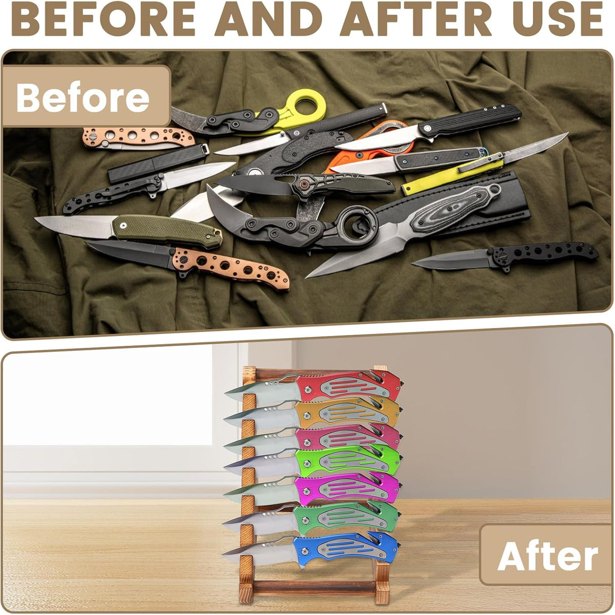 Knife Display Block, 7 Layers Wood Knives Display Rack, Fixed Blade Knife Collection Organizer for Home Restaurant Countertop Tabletop